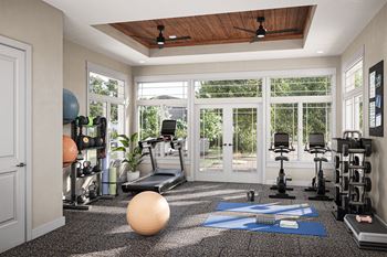 a home gym with plenty of windows and a wooden ceiling